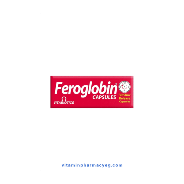 الجزء العلوي من عبوة Feroglobin 30 Capsules – يظهر شعار Vitabiotics وتصميم الغلاف العلوي
