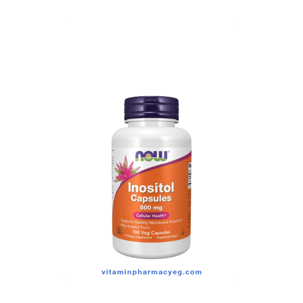 صورة عبوة NOW Inositol 500 mg – 100 كبسولة نباتية، مكمل غذائي يدعم صحة الغشاء الخلوي، وظيفة الدماغ، وتنظيم مستويات السكر في الدم. العبوة تحتوي على 100 كبسولة نباتية، خالية من الجلوتين، الصويا، الألبان، والمواد المعدلة وراثيًا.