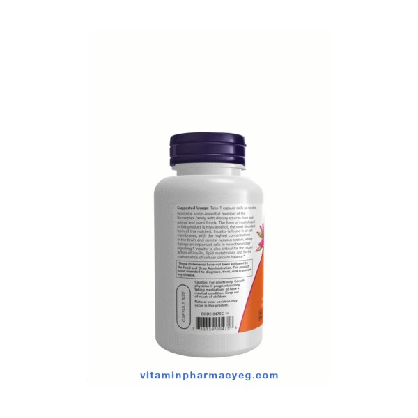تعليمات صورة عبوة NOW Inositol 500 mg – 100 كبسولة نباتية، مكمل غذائي يدعم صحة الغشاء الخلوي، وظيفة الدماغ، وتنظيم مستويات السكر في الدم. العبوة تحتوي على 100 كبسولة نباتية، خالية من الجلوتين، الصويا، الألبان، والمواد المعدلة وراثيًا.