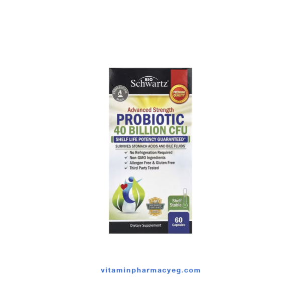 كبسولات BioSchwartz Advanced Strength Probiotic بتركيز 40 مليار وحدة (CFU) لدعم صحة الجهاز الهضمي والقولون العصبي.