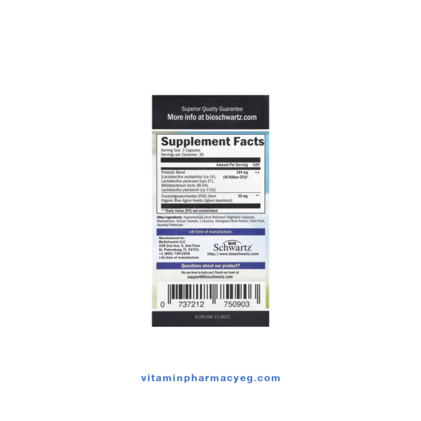 مكونات وحقائق المكمل الغذائي BioSchwartz Advanced Strength Probiotic التي توضح وجود 40 مليار وحدة بكتيريا نافعة و 50 ملجم من الفركتوليغوساكاريد (FOS).